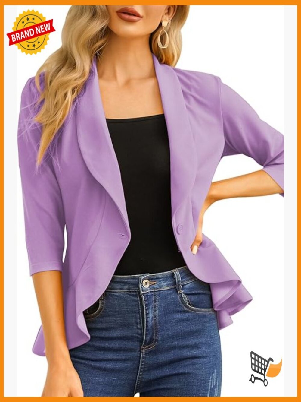 Womens Casual Blazer 3/4 Sleeve Open Front Ruffle Cardigan Jacket